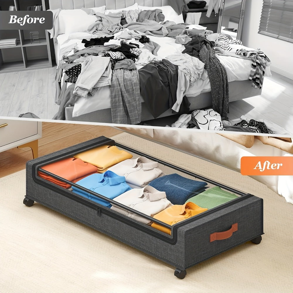 Under Bed Storage Organizer 2-Pack Rolling Boxes in Black or Gray for Clothes, Shoes and Bedding