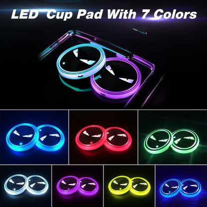 LED Neon Car Cup Holder Coasters – 7 Color USB Rechargeable Glowing Cup Mats, Ambient Light for Car Interior, Bar & Home Decor (Set of 2
