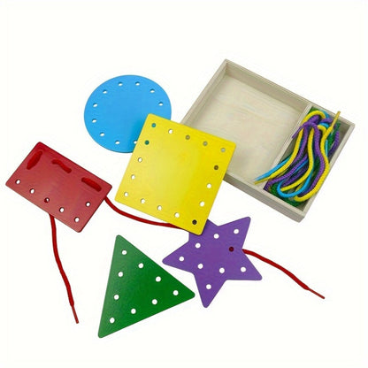 Montessori Wooden Lacing Cards for Toddlers, 5-Piece Double-Sided Threading Shapes in a Box