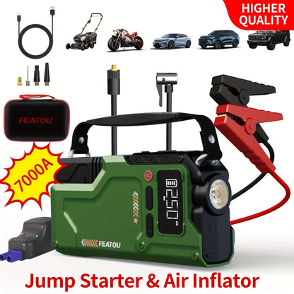 Jump Starter with Air Compressor 5000A/7000A Peak – 150PSI Digital Tire Inflator, Portable Battery Pack for 10L Gas & Diesel