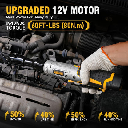 Cordless Electric Ratchet Wrench Set 3/8 Inch 12V 60 Ft-Lbs Power Ratchet Tool Kit with 2 Batteries