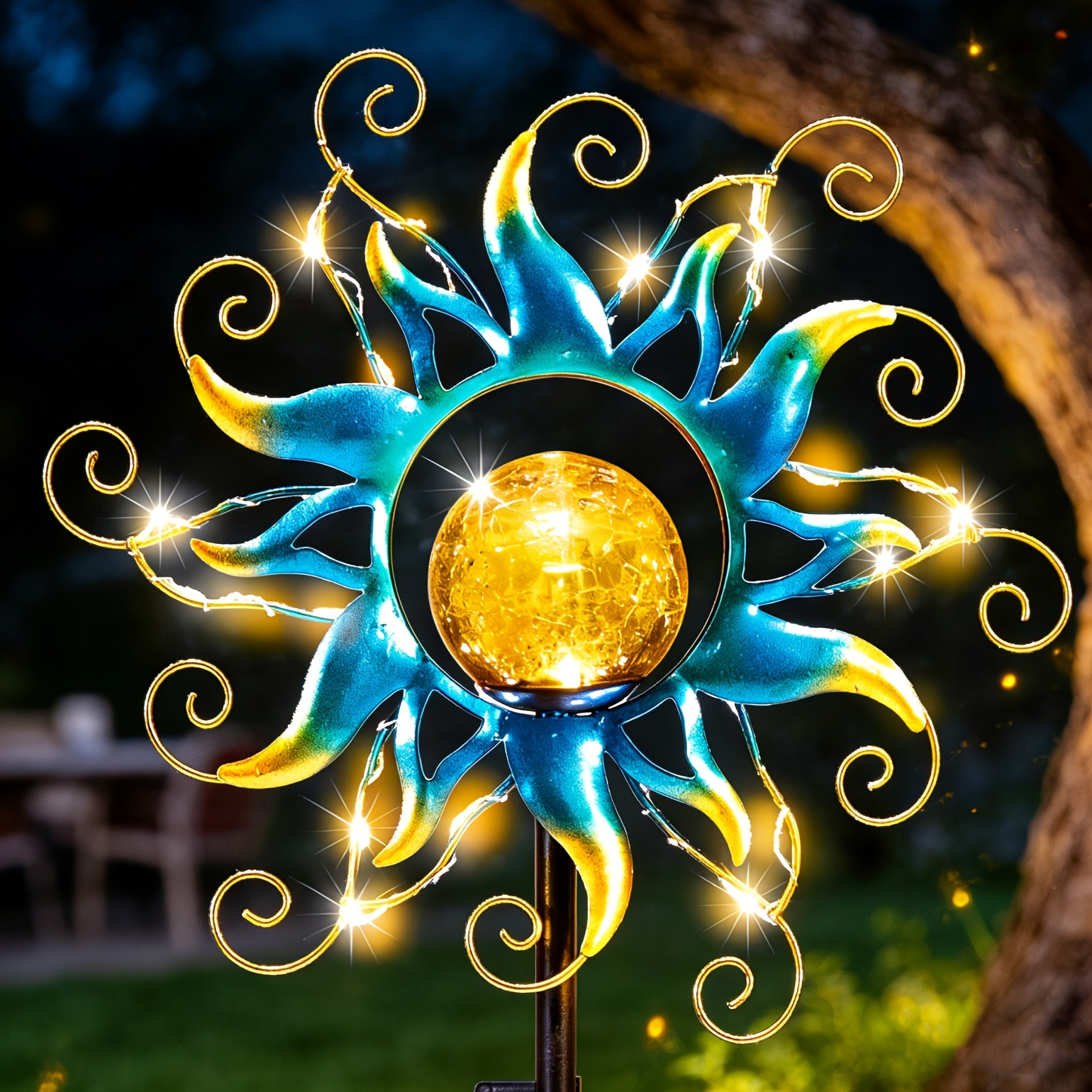 Solar Garden Lights Blue Sun-Shaped LED Stake, IPX4 Rated with Separate Solar Panel for Path Decor