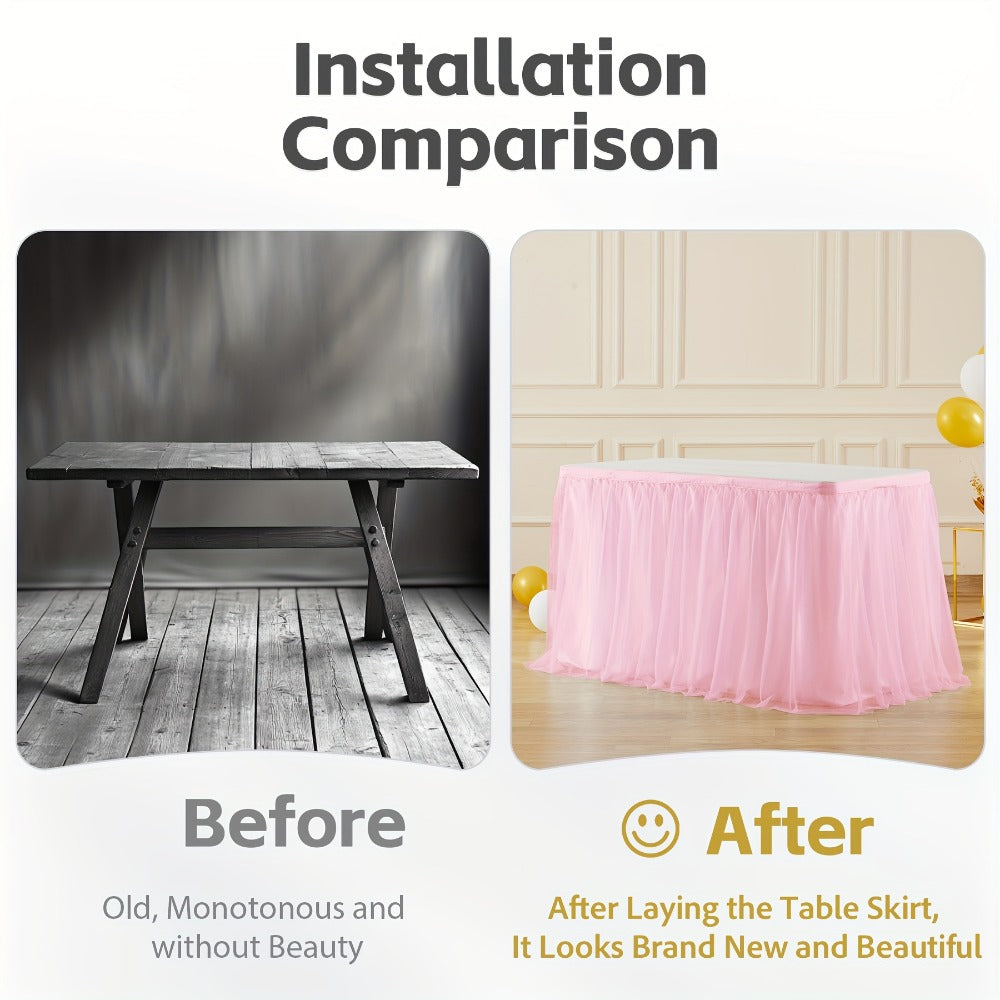Six-Foot Gathered Tulle Table Skirt with Ten Solid or Multicolor Options for Parties and Events