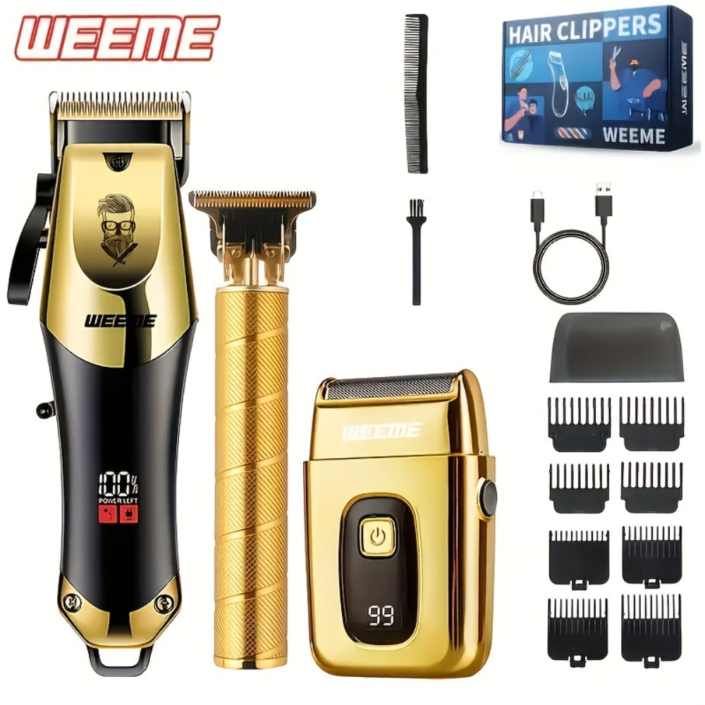 T-Blade Hair Clipper Set for Men – Golden Series USB Rechargeable Trimmer Kit with Guide Combs & Cleaning Brush, 1pc 2pcs 3pcs Options