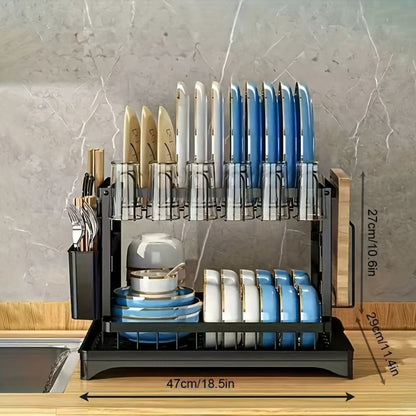Dish Drying Rack 2 Tier with Drainboard for Kitchen Counter Metal Dish Drainer with Utensil for Home Cooking, Dining and Outdoor Meals