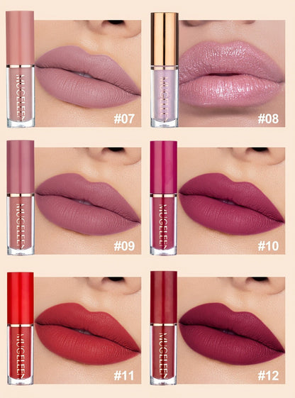 Lip Gloss Set by MUGE LEEN with 12 Mixed Nude, Pink and Red Lip Colors in a Presentation Box