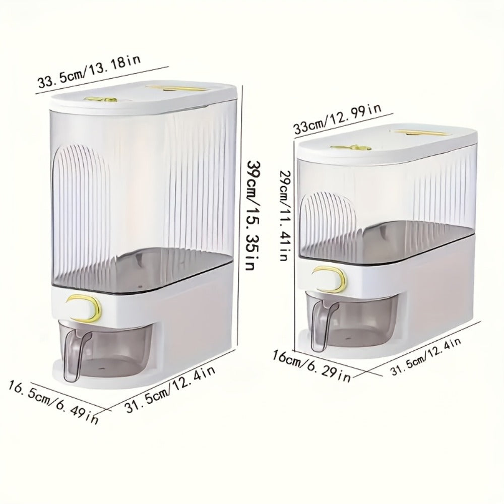 Rice Dispenser with Top-Fill Bin, Measuring Cup and 11 lb or 22.05 lb Gray and White Options