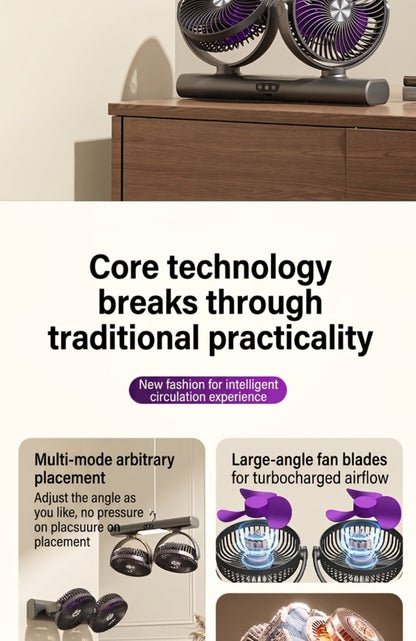 Double Head Air Circulation Fan USB Rechargeable, Desktop & Wall-Mounted 3-Speed Dual-Head Fan with Atmosphere Night Light