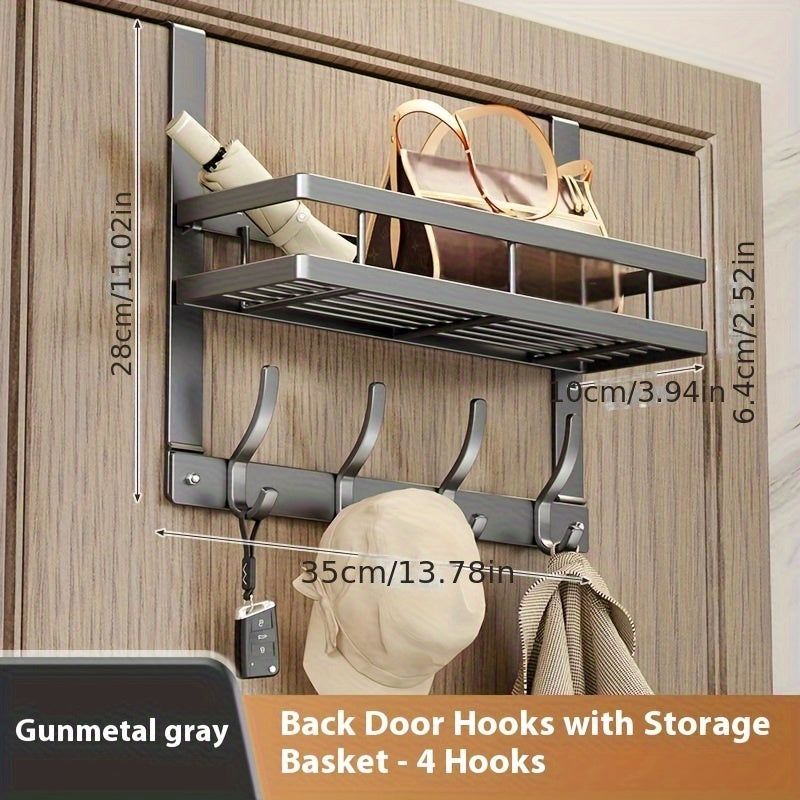 Over-the-Door Storage Rack with Metal Basket Shelf, 4 to 8 Hooks and Gray or Black Length Options