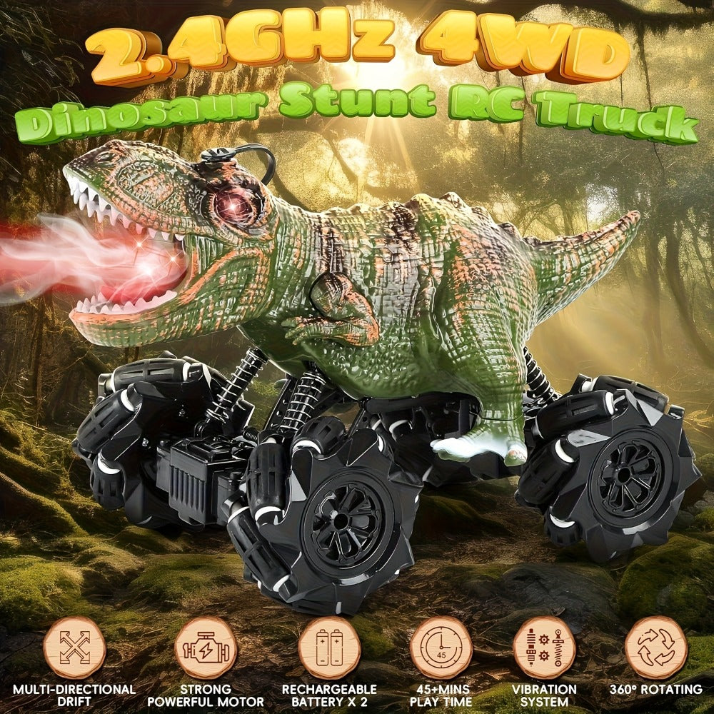 Remote Control Car, Dinosaur Monster Truck with Side Drift, LED Lights, Sound and Spray or No-Spray Options