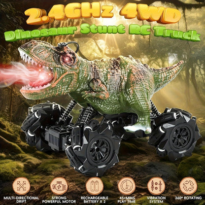 Remote Control Car, Dinosaur Monster Truck with Side Drift, LED Lights, Sound and Spray or No-Spray Options