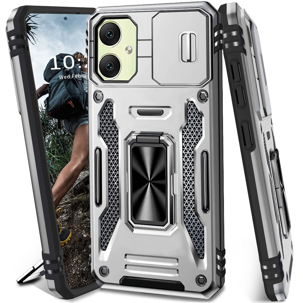 Samsung Galaxy Shockproof Magnetic Phone Case with 360° Rotating Ring Bracket & Sliding Lens Protector – Heavy Duty Cover for S24FE S23FE