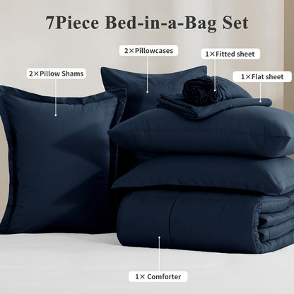 7 Piece Comforter Set Luxury Soft Fluffy Bedding All Season Bed in a Bag with Comforter Fitted Sheet Flat Sheet Pillowcases Hypoallergenic