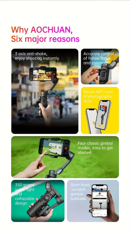 AOCHUAN Foldable 3-Axis Gimbal Stabilizer with Extendable Pole & Panoramic Gesture Control, AI Face Tracking Phone Gimbal