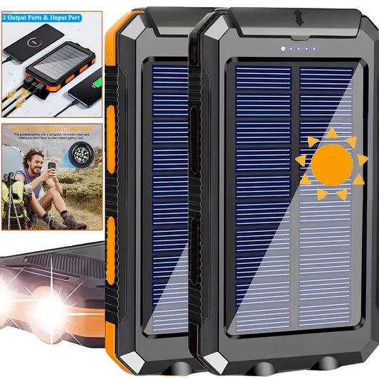 Solar Power Bank, 20000mAh Dual-USB Charger with Solar Panel, LED Flashlight, Compass and Five Color Options