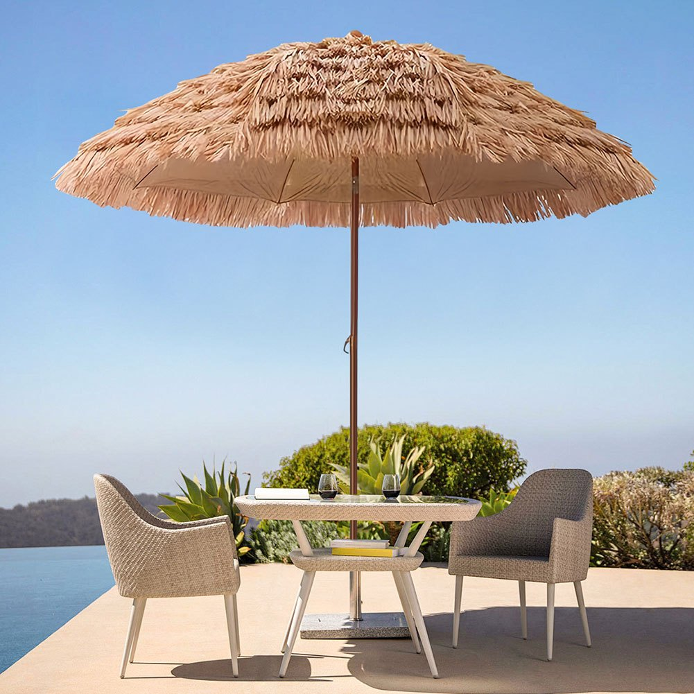 Patio Umbrella 7.5FT Thatch-Style Tiki Design with Steel Pole, Iron Frame, Push Tilt and One-Piece Option