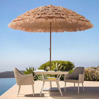 Patio Umbrella 7.5FT Thatch-Style Tiki Design with Steel Pole, Iron Frame, Push Tilt and One-Piece Option