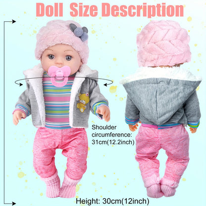 12-Inch Baby Doll Playset with Gray Coat, Pink Hat, Bottle, Pacifier, Socks and Three Tableware Pieces