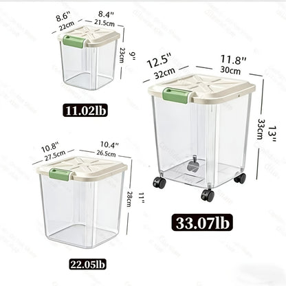Pet Food Storage Container with Wheels – Lockable Lid Transparent Rolling Bin with Scoop for Dogs Cats & Birds, 11lb / 22lb / 33lb