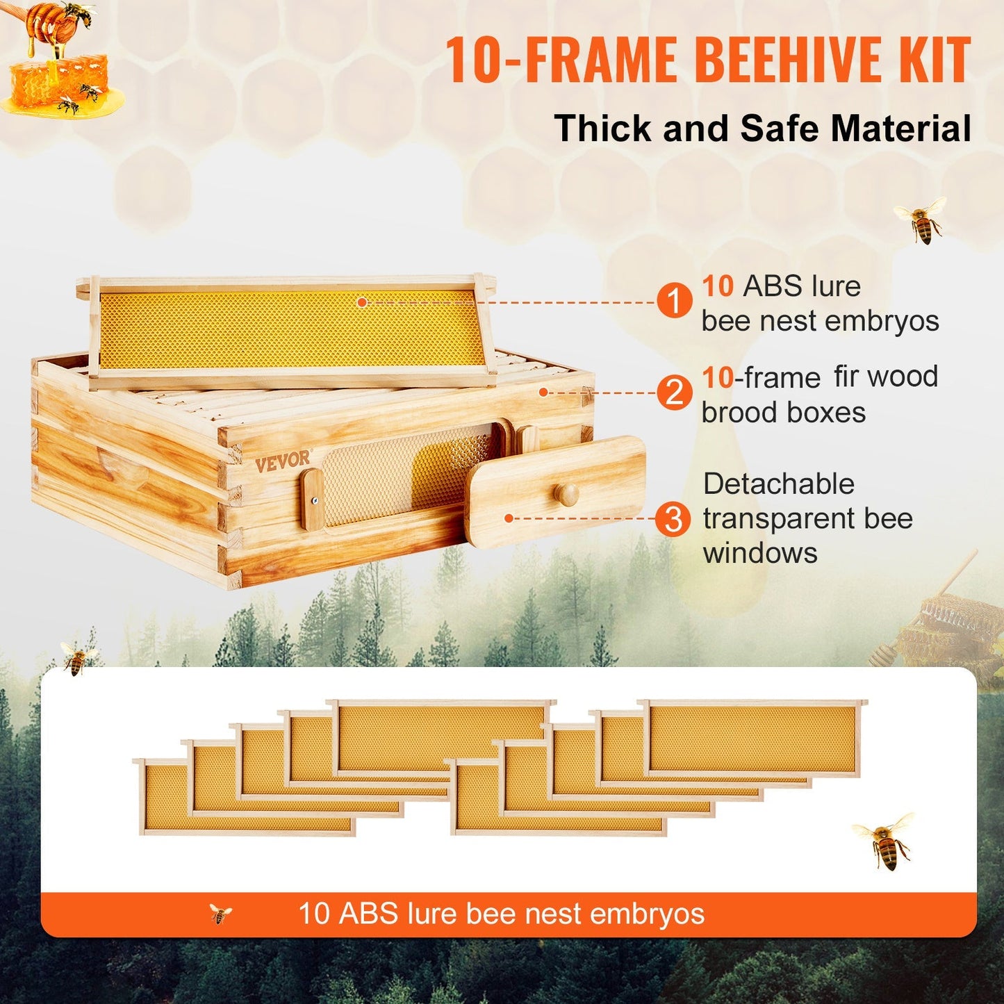 Beehive Kit 10 Frame Cedar Wood Bee Hive with Transparent Windows & Beeswax Coating, for Garden, Yard and Pest Management