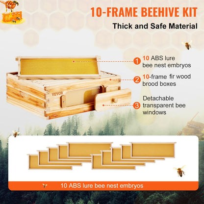 Beehive Kit 10 Frame Cedar Wood Bee Hive with Transparent Windows & Beeswax Coating, for Garden, Yard and Pest Management