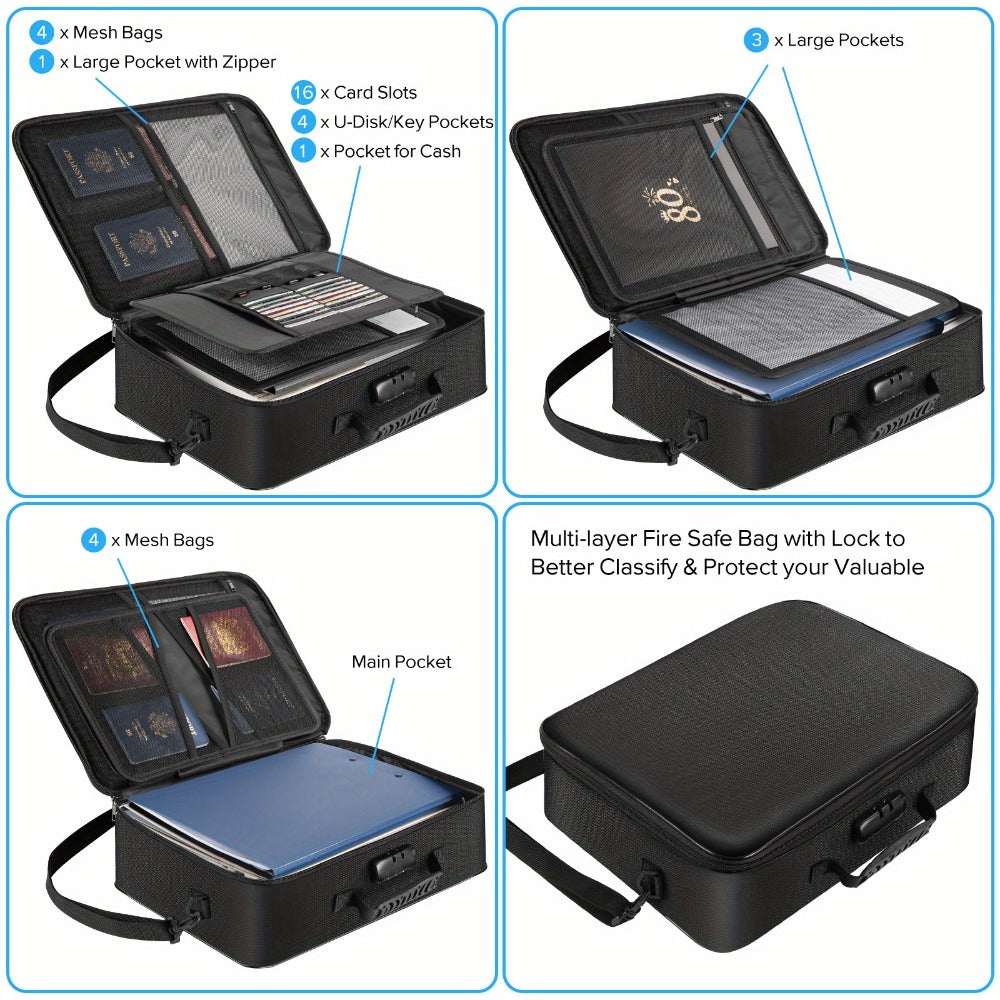 Fireproof Document Bag with Combination Lock - 17x11.8x5 Inch File Organizer, 2000°F Fireproof