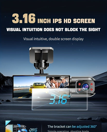 Dual Lens Dash Cam Front and Inside 1080P – Infrared Night Vision, Loop Recording, 3.16" IPS Screen, Wide Angle