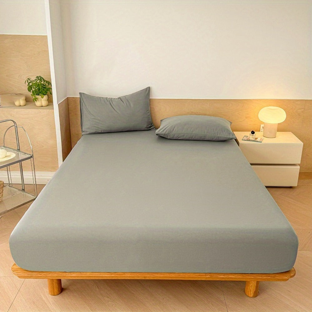 Three-Piece Solid-Color Fitted Sheet Set with Two Pillowcases, Nine Colors and Four Bed Sizes
