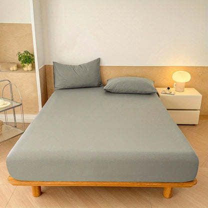 Three-Piece Solid-Color Fitted Sheet Set with Two Pillowcases, Nine Colors and Four Bed Sizes