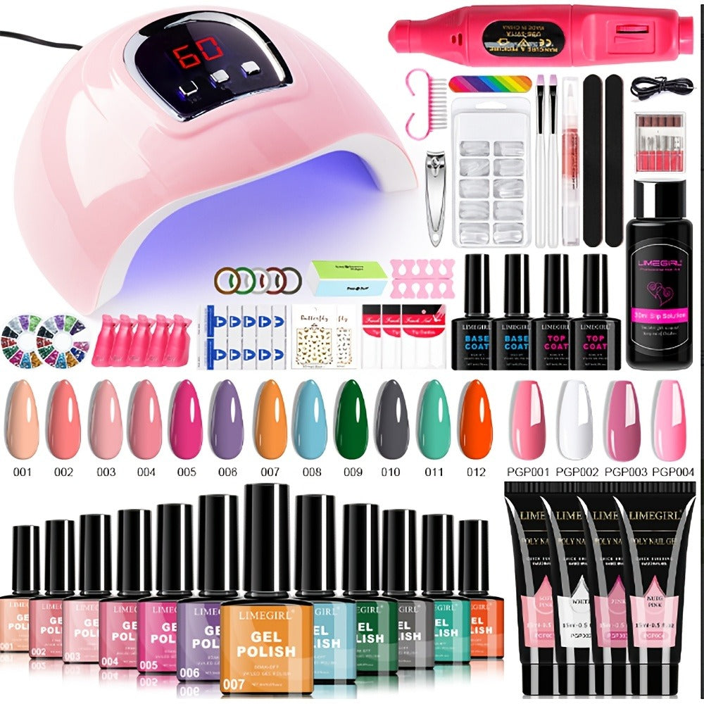 Gel Nail Polish Kit with UV Lamp & Electric Nail Drill – 12 Colors Gel Polish Set, Poly Extension Gel, Top &