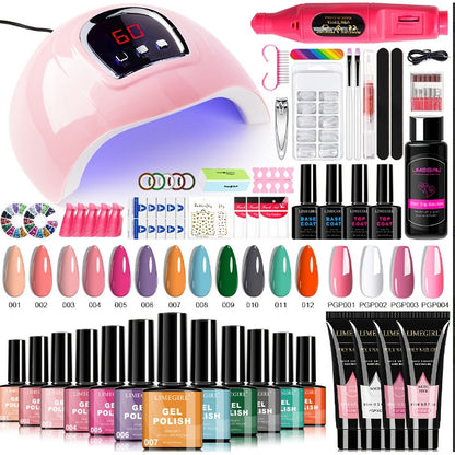 Gel Nail Polish Kit with UV Lamp & Electric Nail Drill – 12 Colors Gel Polish Set, Poly Extension Gel, Top &