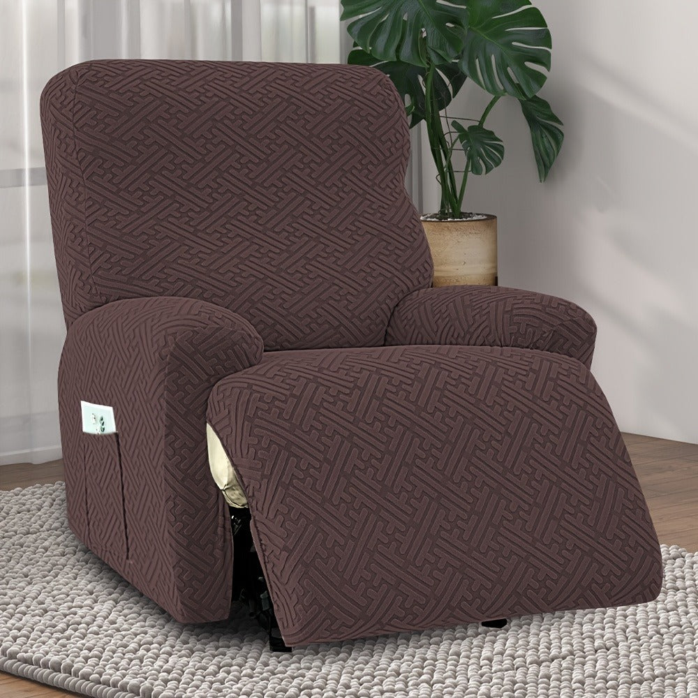 Four-Piece Maze Jacquard Recliner Chair Cover Set with Side Pocket and Nine Solid Color Options