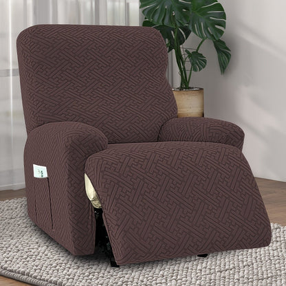 Four-Piece Maze Jacquard Recliner Chair Cover Set with Side Pocket and Nine Solid Color Options