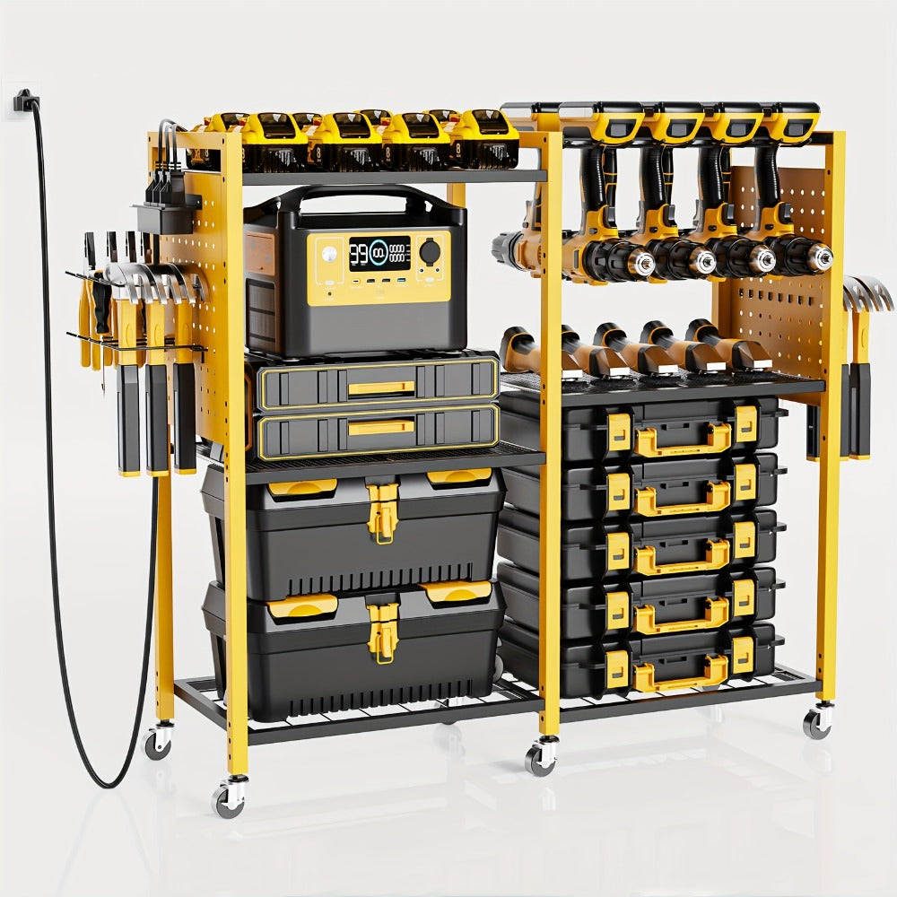 Mobile Tool Cart with Charging Station, 12 Drill Holders & 5 Storage Shelves Power Tool Organizer