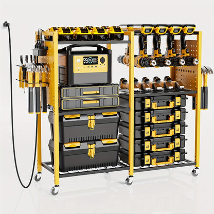 Mobile Tool Cart with Charging Station, 12 Drill Holders & 5 Storage Shelves Power Tool Organizer