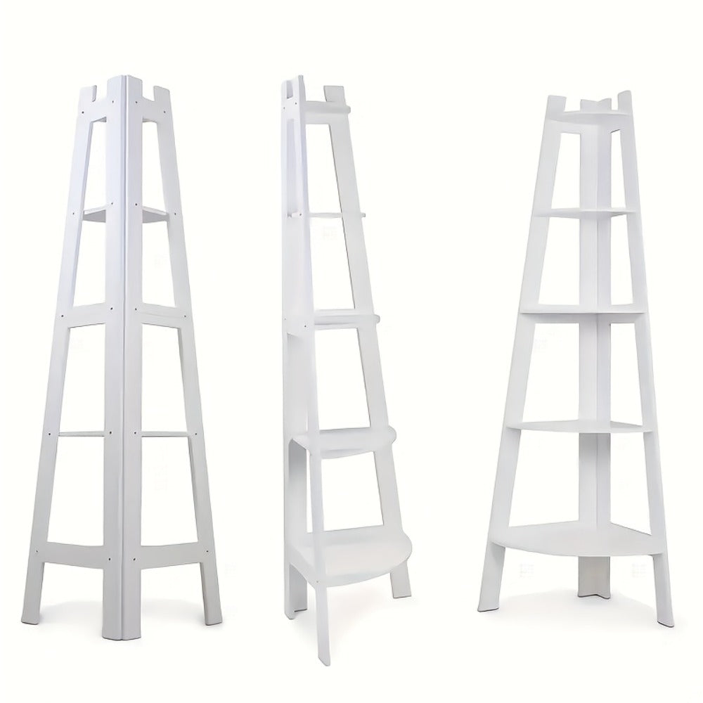 White Five-Tier Ladder-Style Freestanding Corner Shelf, Approximately 110 cm High and 34 cm Wide