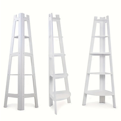 White Five-Tier Ladder-Style Freestanding Corner Shelf, Approximately 110 cm High and 34 cm Wide