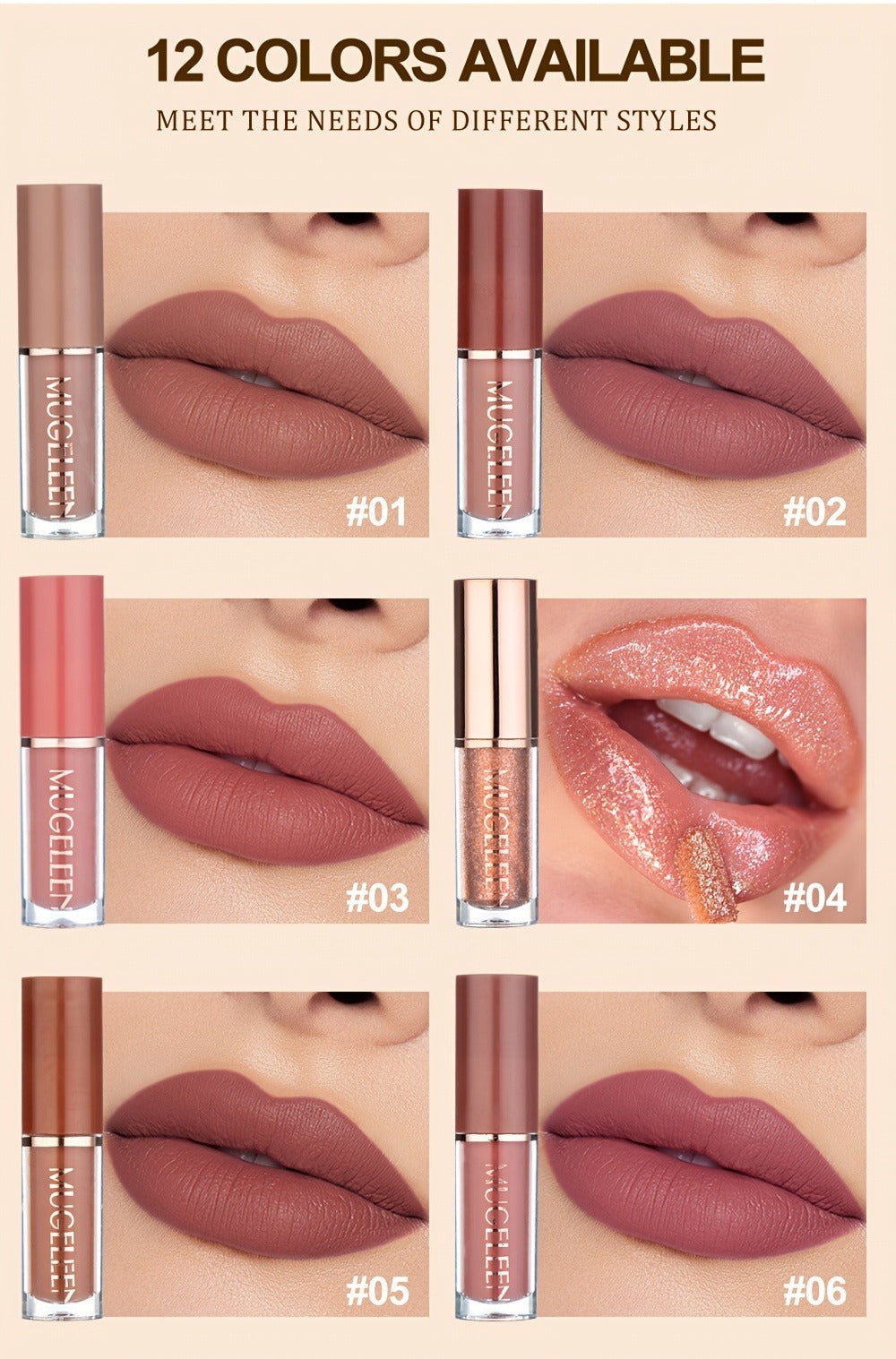 Lip Gloss Set by MUGE LEEN with 12 Mixed Nude, Pink and Red Lip Colors in a Presentation Box