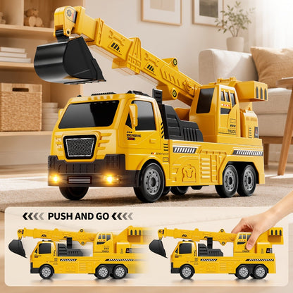 3-in-1 Crane Excavator & Racing Track Toy Set for Kids Ages 3+, Construction Vehicle Playset with Lights & Sounds