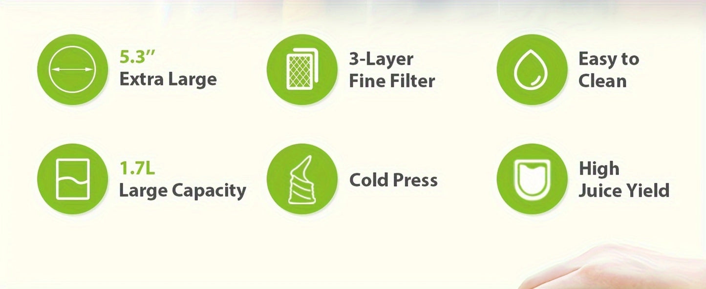 Cold Press Slow Juicer Machine with 5.3-Inch Large Feed Chute - High Juice Yield, Safety Lock, One-Click Cleaning