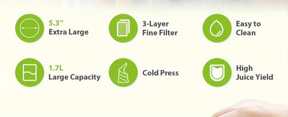 Cold Press Slow Juicer Machine with 5.3-Inch Large Feed Chute - High Juice Yield, Safety Lock, One-Click Cleaning