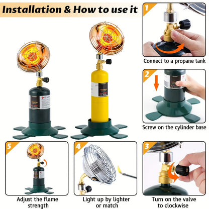 Portable Propane Heater 6200BTU Camping Outdoor - Propane Tank Holder with Control Valve, Compact Space Heater for Tent