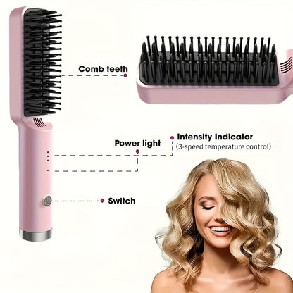 Compact Hair Straightening Brush with Three Color Options, LED Indicators and Three Pictured Heat Levels