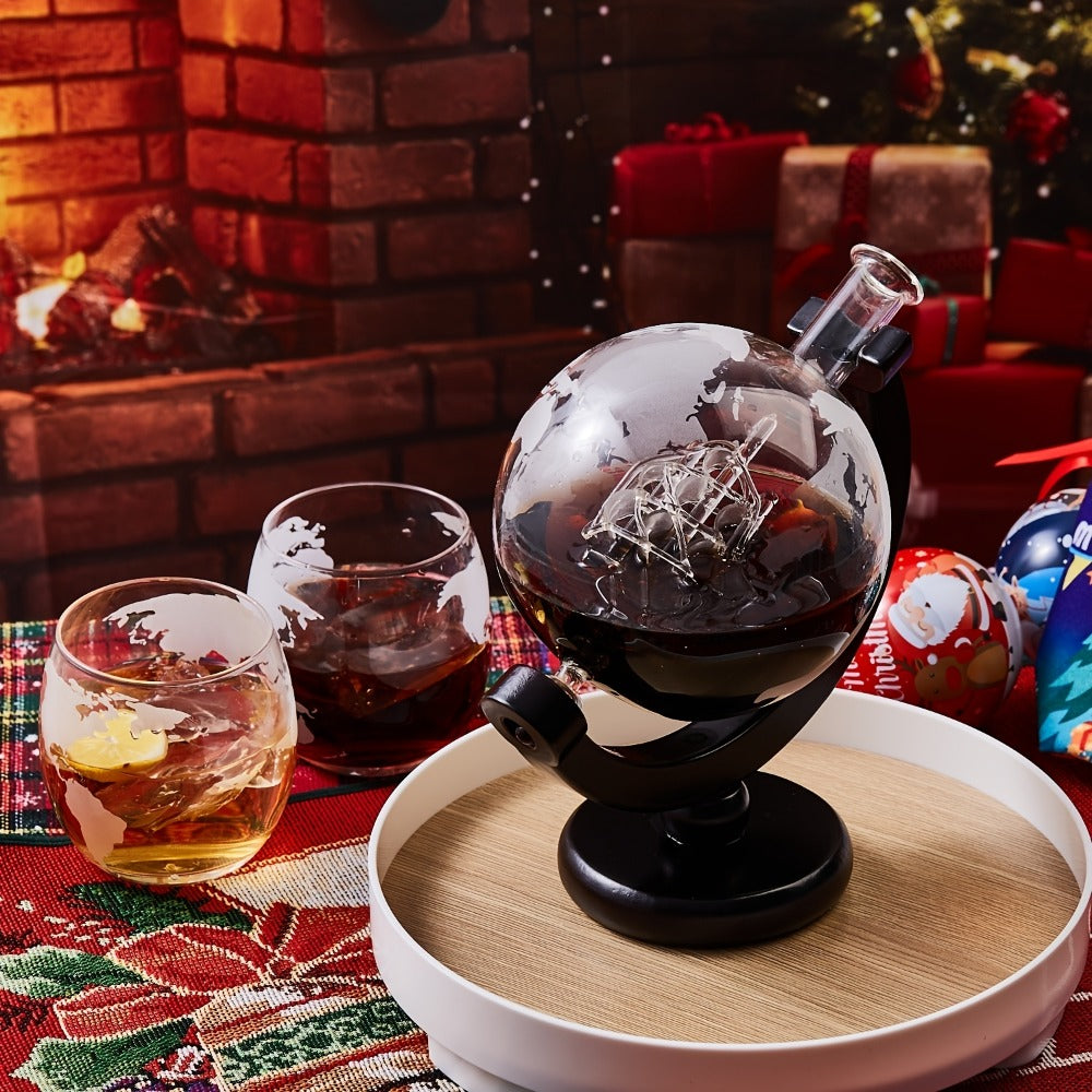 Whiskey Decanter Set with Glasses and Wooden Stand Ball Globe 28oz or Sailboat 44oz Etched for Home Cooking, Dining and Outdoor Meals