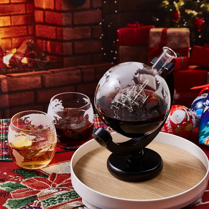 Whiskey Decanter Set with Glasses and Wooden Stand Ball Globe 28oz or Sailboat 44oz Etched for Home Cooking, Dining and Outdoor Meals