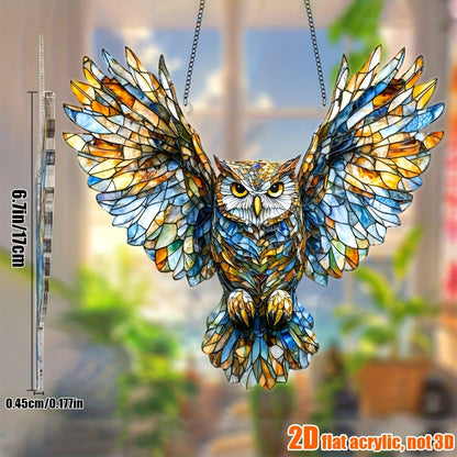Owl Hanging Ornament Colorful Acrylic 6.7"x8", 2D Flat Animal Wall Art Decoration for Christmas Tree, Home, Office & Outdoor