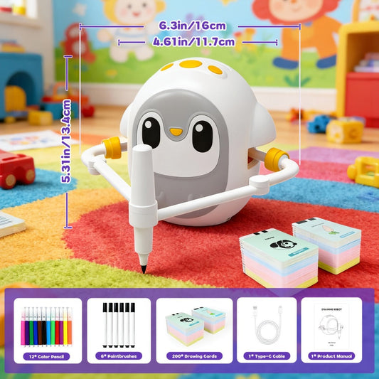 Drawing Robot for Kids Penguin, 200 Learning Cards & 12 Color Pens, STEM Art Educational Toy, Screen-Free Interactive Drawing Game