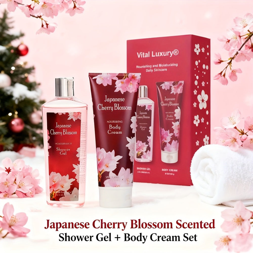 Cherry Blossom Body Wash Set for Women 8oz – Moisturizing Body Cream & Shower Gel Gift Set Light Non-Sticky Long-Lasting Floral Scent