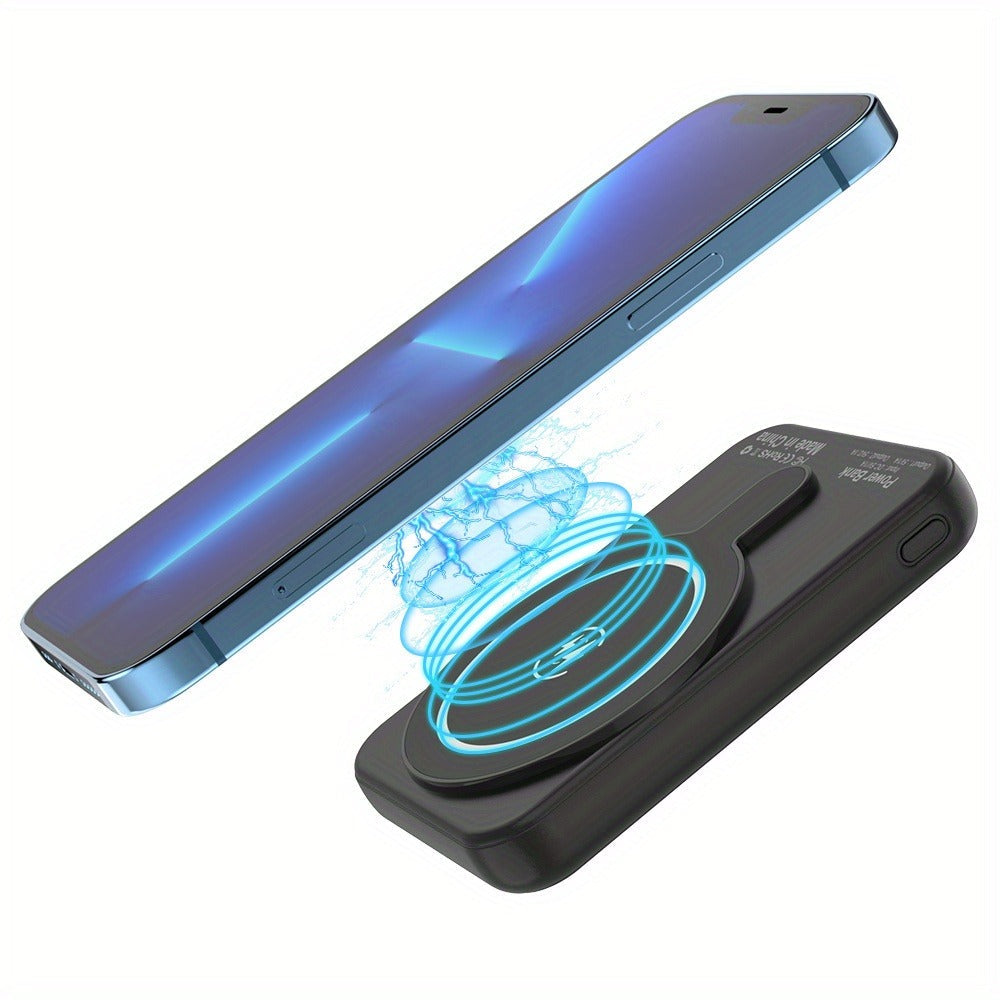 Black 10000mAh-Labeled Magnetic Wireless Power Bank with Dual USB-A Ports and Indicator Lights