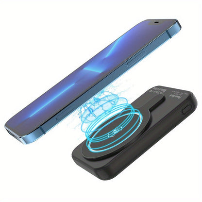 Black 10000mAh-Labeled Magnetic Wireless Power Bank with Dual USB-A Ports and Indicator Lights